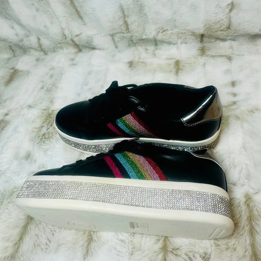 Pazzle Black Leatherett With Rainbow Stripes & Rhinestone Trim Platform Sneaker